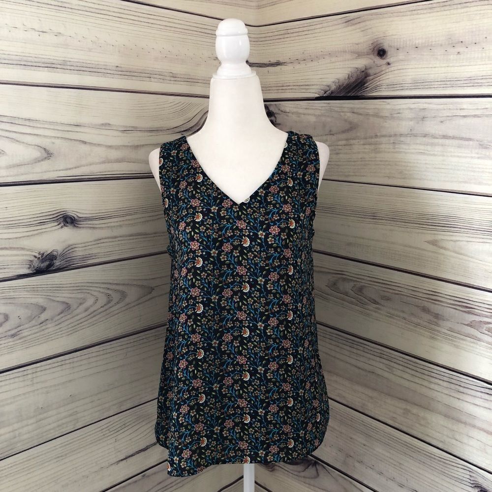 Loft Navy Floral V Neck Sleeveless Top Size Small Petite